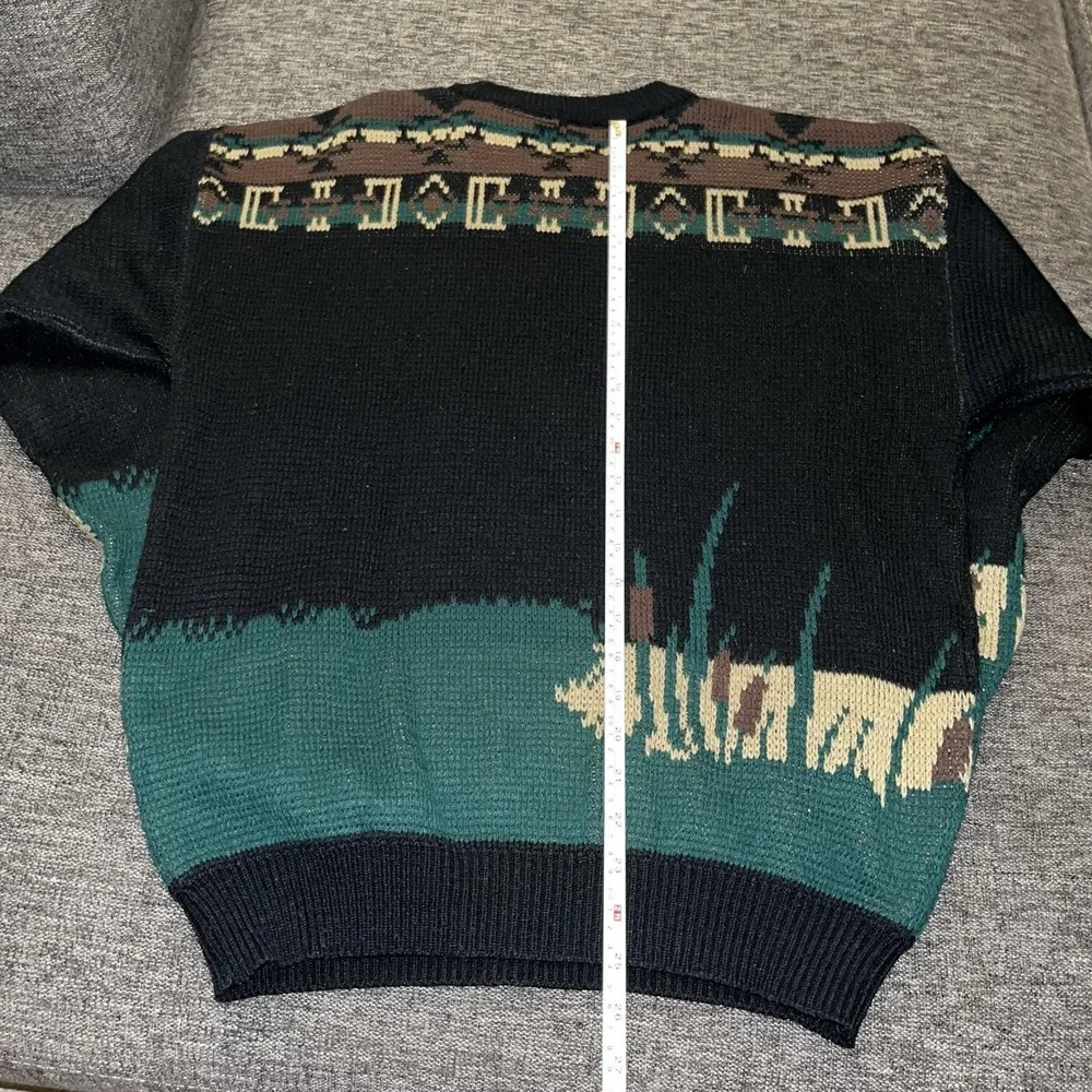 Vintage Duxbak Sweater Mens XL Black Green Fisherman Graphic Knit Outdoors